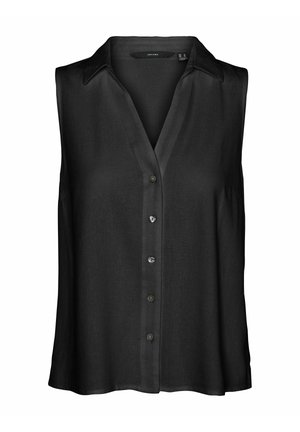 Črna brezrokavna bluza z V-izrezom, sprednjimi gumbi in gladkim tekstilom. Preprosta zasnova brez vzorcev ali dodatkov.