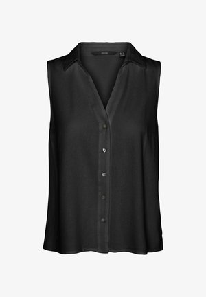 Črna brezrokavna bluza z V-izrezom, sprednjimi gumbi in gladkim tekstilom. Preprosta zasnova brez vzorcev ali dodatkov.