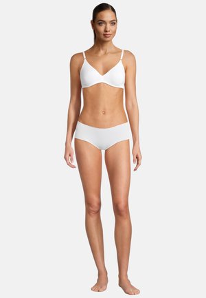White bra with adjustable straps and a V-neck design, paired with matching white hipster panties. Smooth texture, minimalistic style.