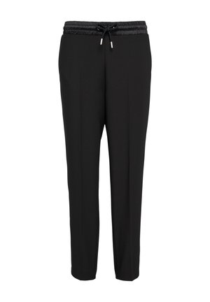 Schwarze Hose aus einem glatten Stoff, mit elastischem Taillenbund und Kordelzug, mit einer schmal zulaufenden Beinform und ohne sichtbare Verzierungen.
