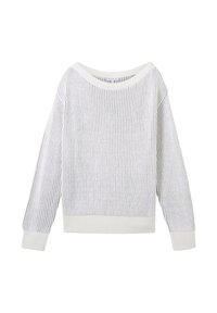 Helles graues Sweatshirt mit ribbeliger Textur, oversized Design, weitem Bootsausschnitt und enganliegenden weißen Bündchen und Saum.
