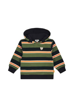 Child's hooded sweatshirt with green, black, white, and orange horizontal stripes and a small bear face patch on the chest.