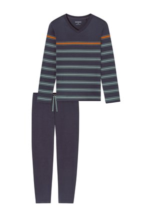 Mörkblå pyjamasset som har en V-ringad långärmad topp med turkosa och orange ränder, tillsammans med matchande enfärgade mörkblå byxor. Mjuk tyg.