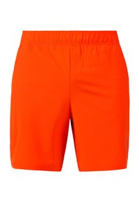 Pantaloni sportivi di un brillante colore arancione con cintura elastica e tessuto leggero e liscio. Presentano un design semplice senza tasche visibili.