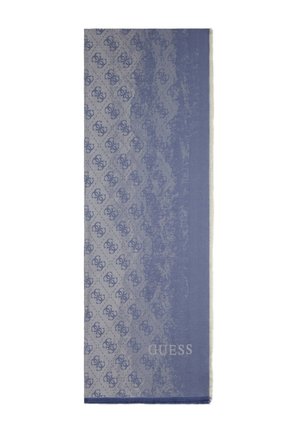Sciarpa blu e grigia con motivo monogramma "GS" ripetuto e bordo solido, con logo "GUESS" vicino al bordo inferiore.