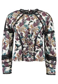 Yläosa, jossa on kukkakuosiset pitkät hihat, musta pitsireunus ja edessä nauhakiinnitys. Rakennekangas kirkkaissa väreissä.