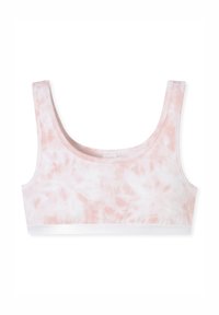 Bralette de tie-dye rosa hecho de una tela suave con una banda ancha y sin relleno. El diseño presenta un escote redondeado y tirantes anchos.