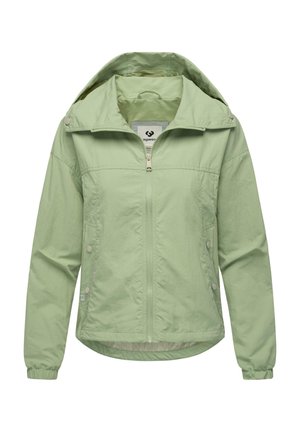 Light green lightweight jacket with a zip closure, hood, and snap buttons. Features soft texture and elastic cuffs. Ideal for casual wear.