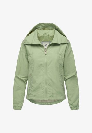 Lys grønn lett jakke med glidelås, hette og trykknapper. Har en myk tekstur og elastiske mansjetter. Ideell for avslappet bruk.