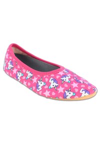 Rosa Stoffschlappen mit einem Einhorn- und Sternmuster, weicher Textur und Gummisohle. Runde Zehenpartie und tiefer Schnitt.