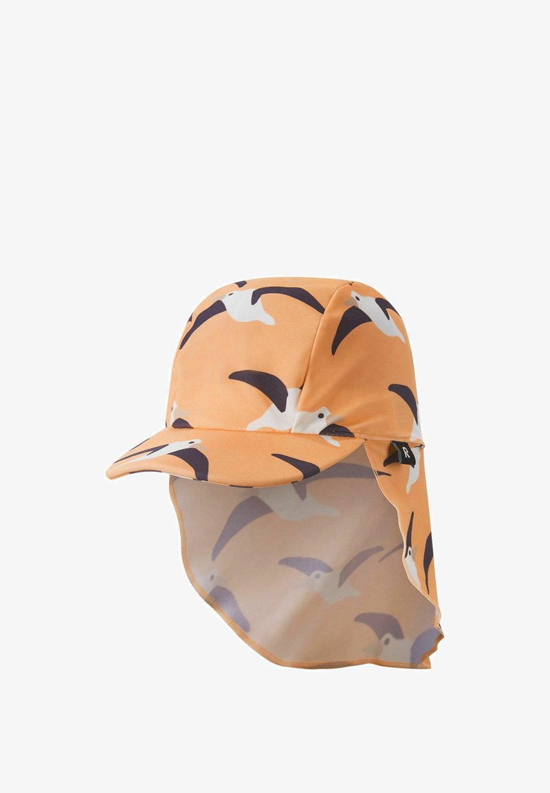 Chapeau de soleil orange pour enfants avec motif mouette blanc et noir et protection pour la nuque.