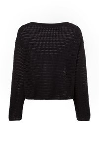 Schwarzer, gehäkelter, langärmeliger, cropped Pullover mit rundem Ausschnitt und einem offenen Strickmuster im gesamten Stoff.