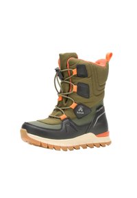 Grüne und schwarze wasserdichte Stiefel mit orangen Akzenten, ausgestattet mit einem strukturierten Nylon-Obermaterial, verstellbarem Schnürverschluss und einer robusten Gummisohle.