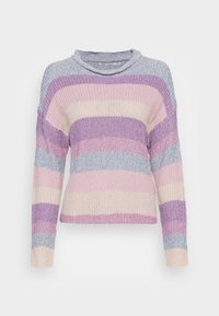 Pull-over en maille à manches longues avec des rayures pastel en violet, rose et bleu clair. Présente un col dégagé et une texture douce.