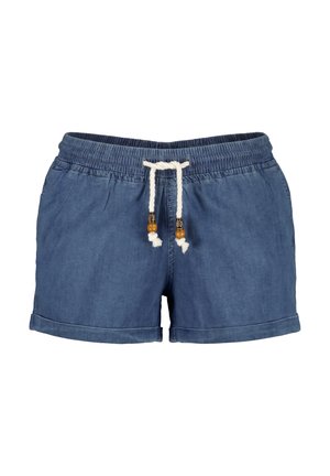 Blauwe casual shorts met elastische tailleband en witte trekkoord met houten kralen, opgerolde zomen en zijzakken.