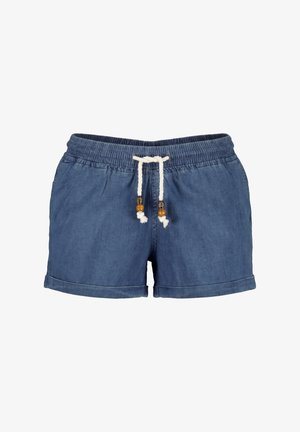 Blauwe casual shorts met elastische tailleband en witte trekkoord met houten kralen, opgerolde zomen en zijzakken.