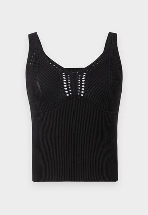 Crni pleteni top bez rukava s rebrastom teksturom, širokim naramenicama i okruglim izrezom s dekorativnim otvorenim tkanjem sprijeda.
