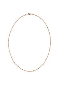 Rosa guld kæderekke med skiftende små metalaccente, runde led og en sikker lås. Strømlinet, minimalistisk design.