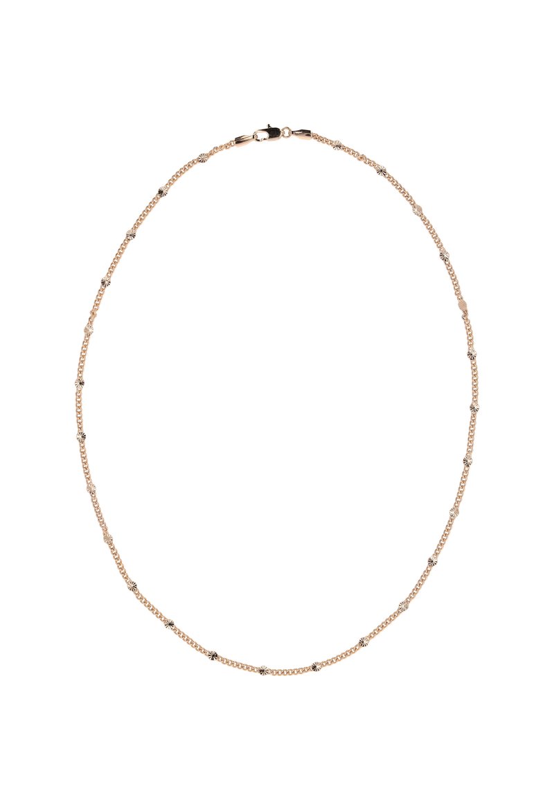 Rosa guld kæderekke med skiftende små metalaccente, runde led og en sikker lås. Strømlinet, minimalistisk design.