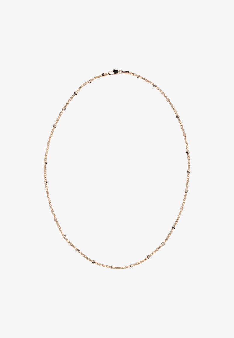 Rosa guld kæderekke med skiftende små metalaccente, runde led og en sikker lås. Strømlinet, minimalistisk design.
