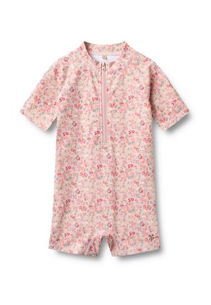 Tutina corta per neonati a maniche corte di colore rosa con cerniera frontale e motivo a piccoli fiori multicolori su sfondo chiaro.