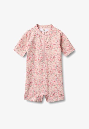 Pelele para bebé de manga corta en color rosa con cierre frontal de cremallera y un patrón de pequeñas flores multicolores sobre fondo claro.