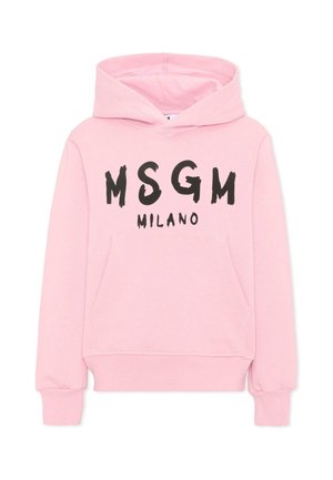Różowa bluza z kapturem z przednią kieszenią i czarnym napisem "MSGM MILANO" na piersi.