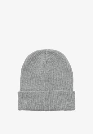 Berretto in maglia grigia con risvolto. Texture morbida e design senza cuciture, adatto per un look informale e per il freddo.