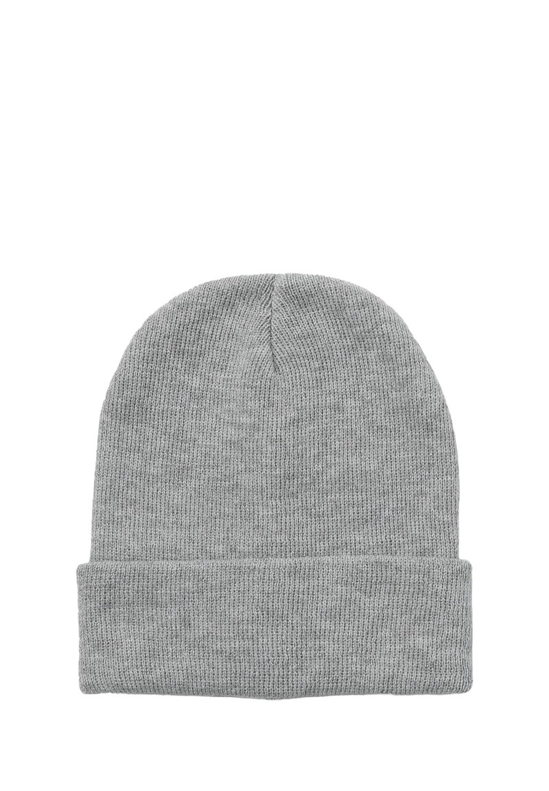 Berretto in maglia grigia con risvolto. Texture morbida e design senza cuciture, adatto per un look informale e per il freddo.