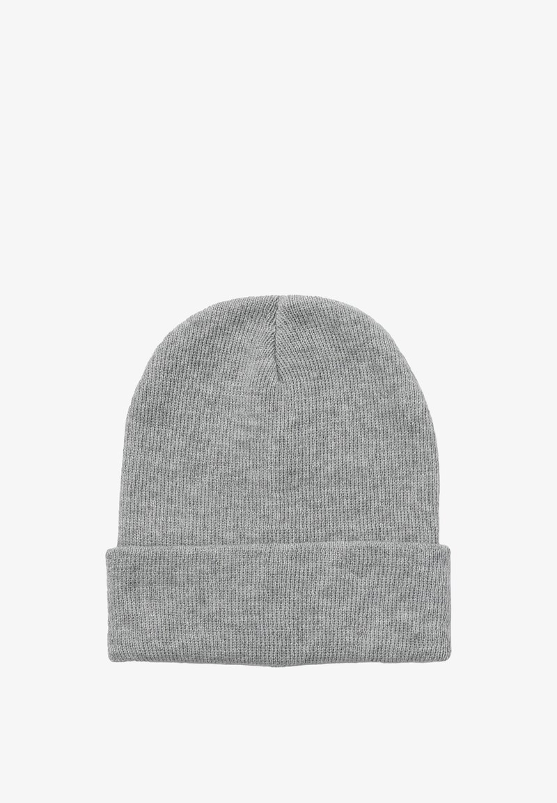 Berretto in maglia grigia con risvolto. Texture morbida e design senza cuciture, adatto per un look informale e per il freddo.