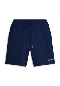 Σορτς σε ναυτικό μπλε χρώμα από απαλή υφή, με ελαστική μέση και κορδόνι, πλαϊνές τσέπες και εκτύπωση λογότυπου στο κάτω μέρος του ποδιού.