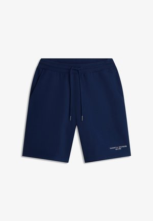 Pantaloncini blu navy in tessuto morbido, con vita elasticizzata e coulisse, tasche laterali e stampa del logo sulla parte bassa della gamba.