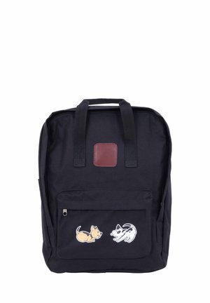 Black backpack with two handles and zip pocket featuring playful dog illustrations on the front.