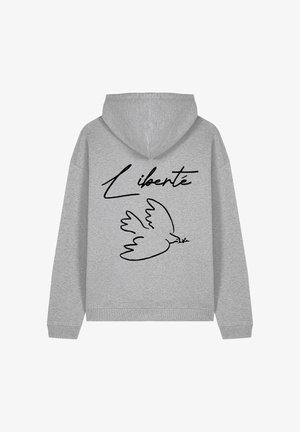 Grijze hoodie met zwarte handgeschreven tekst "Liberté" en een lijntekening van een duif die een olijftak vasthoudt op de achterkant.