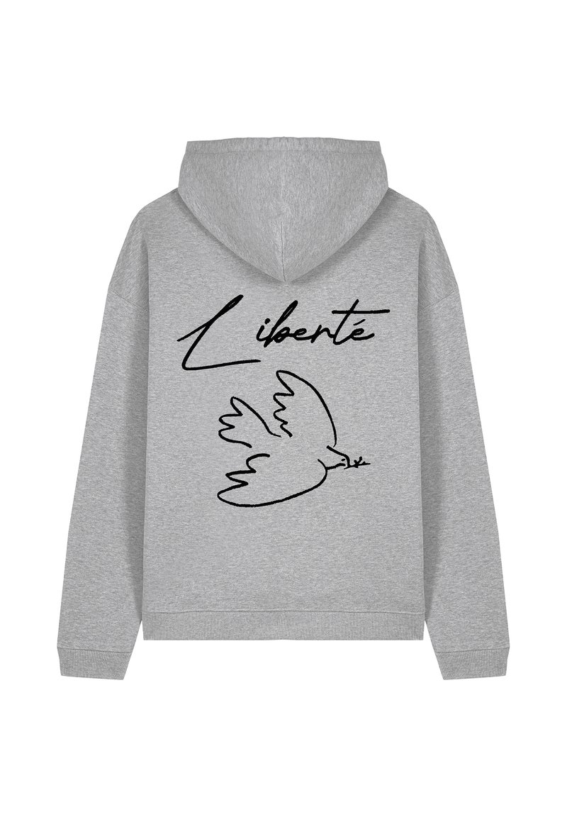 Felpa grigia con cappuccio con la scritta "Liberté" in nero, scritta a mano, e un disegno a linee di una colomba che tiene un ramo d'ulivo sul retro.