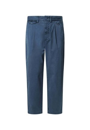 Chinos bleus à coupe décontractée, dotés de plis avant, d'une fermeture à bouton et d'une broderie décorative. Le tissu a une texture lisse.