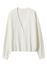 Weißer V-Ausschnitt-Cardigan mit langen Ärmeln und vier Knöpfen vorne, mit gerippten Bündchen und Saum.