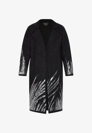 Schwarzer Mantel mit strukturiertem Kragen und Dreiviertelärmeln. Mit silbernen Pailletten-Blattformen auf der unteren Vorderseite und den Ärmeln.