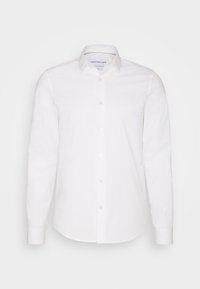 Camicia bianca a maniche lunghe realizzata in tessuto liscio, con colletto a punta, patta frontale con bottoni e orlo curvo.