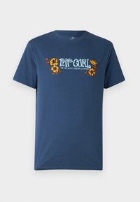 Granatowa bawełniana koszulka z krótkim rękawem z kolorowym wzorem kwiatowym i logo "Rip Curl" w zabawnym kroju na przodzie. Okrągły dekolt.