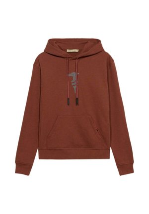 Brauner Kapuzenpullover aus Baumwolle, mit einer Fronttasche, Kordelzug und einem grauen Grafikdesign auf der Brust.