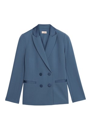 Double-breasted blazer in blue fabric, featuring a shawl collar, side pockets, and contrasting buttons. Smooth texture with tailored fit.