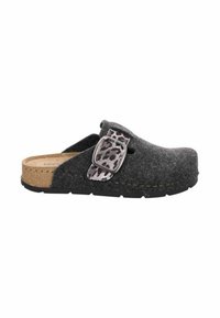 Zoccolo grigio con fodera imbottita, suola intermedia in sughero e suola esterna in gomma nera. Presenta una cinturino con stampa leopardata e dettaglio in metallo.