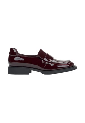 Glossy burgundy leather loafers with a low block heel, rounded toe, and a decorative strap across the vamp. Smooth texture with minimal detailing.