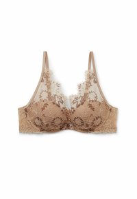 Spetsbralette i varm beige med blommönster, genomskinligt tyg, scallopade kanter och justerbara band. Ingen vaddering eller bygel.