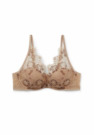 Blonde blondine i varm beige med blomstermønster, gennemsigtigt stof, bølgede kanter og justerbare stropper. Ingen polstring eller undertrøje.