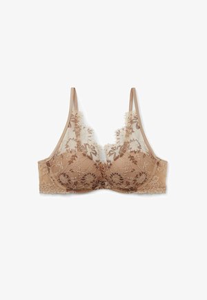Kant bralette in warm beige met bloempatron, transparante stof, gegolfde randen en verstelbare bandjes. Geen padding of onderdraad.