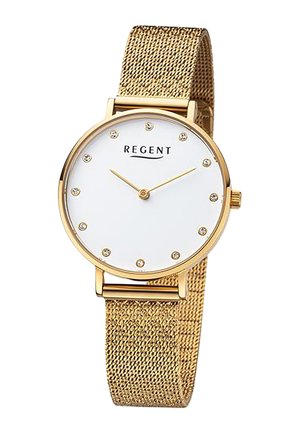 Montre avec un bracelet en maille dorée, un cadran blanc, neuf embellissements, et des aiguilles dorées pour les heures et les minutes. Elle présente un boîtier rond et le mot "REGENT."