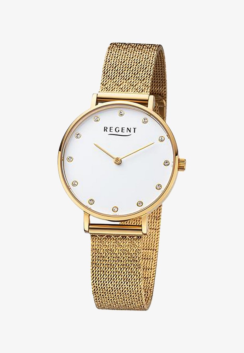 Montre avec un bracelet en maille dorée, un cadran blanc, neuf embellissements, et des aiguilles dorées pour les heures et les minutes. Elle présente un boîtier rond et le mot "REGENT."