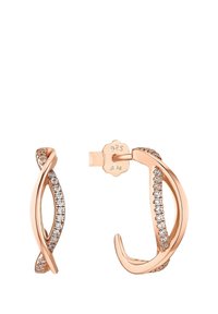 Pendientes de aro en oro rosado con un diseño retorcido, que presentan una fila de pequeñas piedras preciosas transparentes engastadas a lo largo de un lado, marcados con "925" para plata de ley.